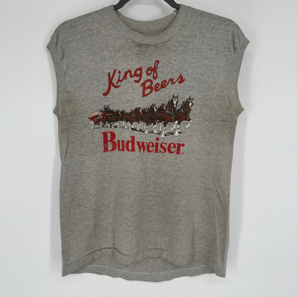 Vintage 80s Budweiser King of Beers Clydesdale Muscle Tee Heather Gray Sleeveles